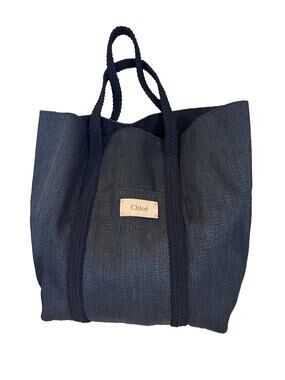 Chloé Tote Bag Womens Large Navy Woven Fabric Braided Shoulder Handle Made Italy